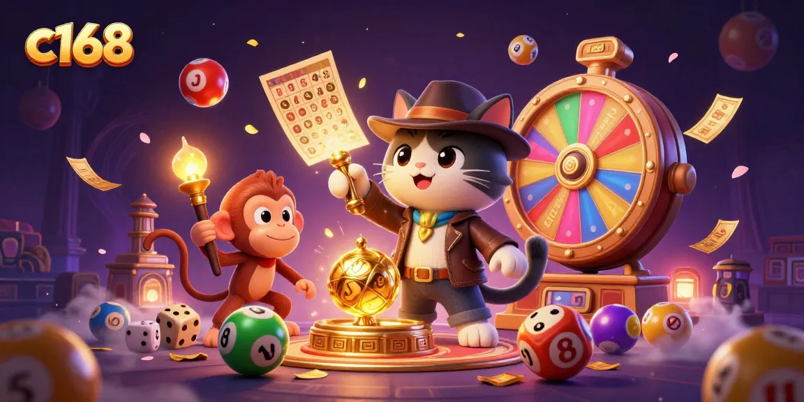 Experience the thrill of c168 with a vibrant illustration of an archaeologist cat and monkey discovering casino treasure.