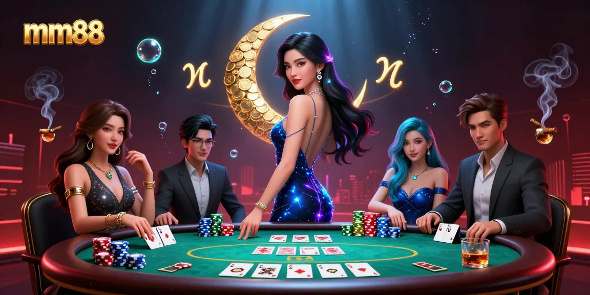 Engage in mm88's thrilling poker scene, highlighted by a glamorous Asian woman and vibrant casino elements.