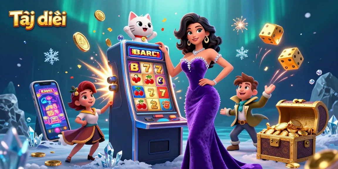 Tại đây showcases thrilling jackpot wins with vibrant slot machine action and a charming fortune cat mascot.