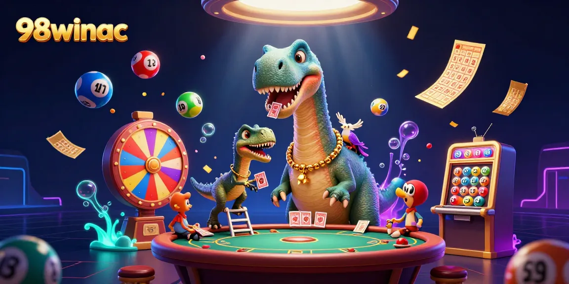 Experience thrilling jackpots at 98winac as a giant brontosaurus oversees a vibrant casino scene filled with colorful lottery elements.